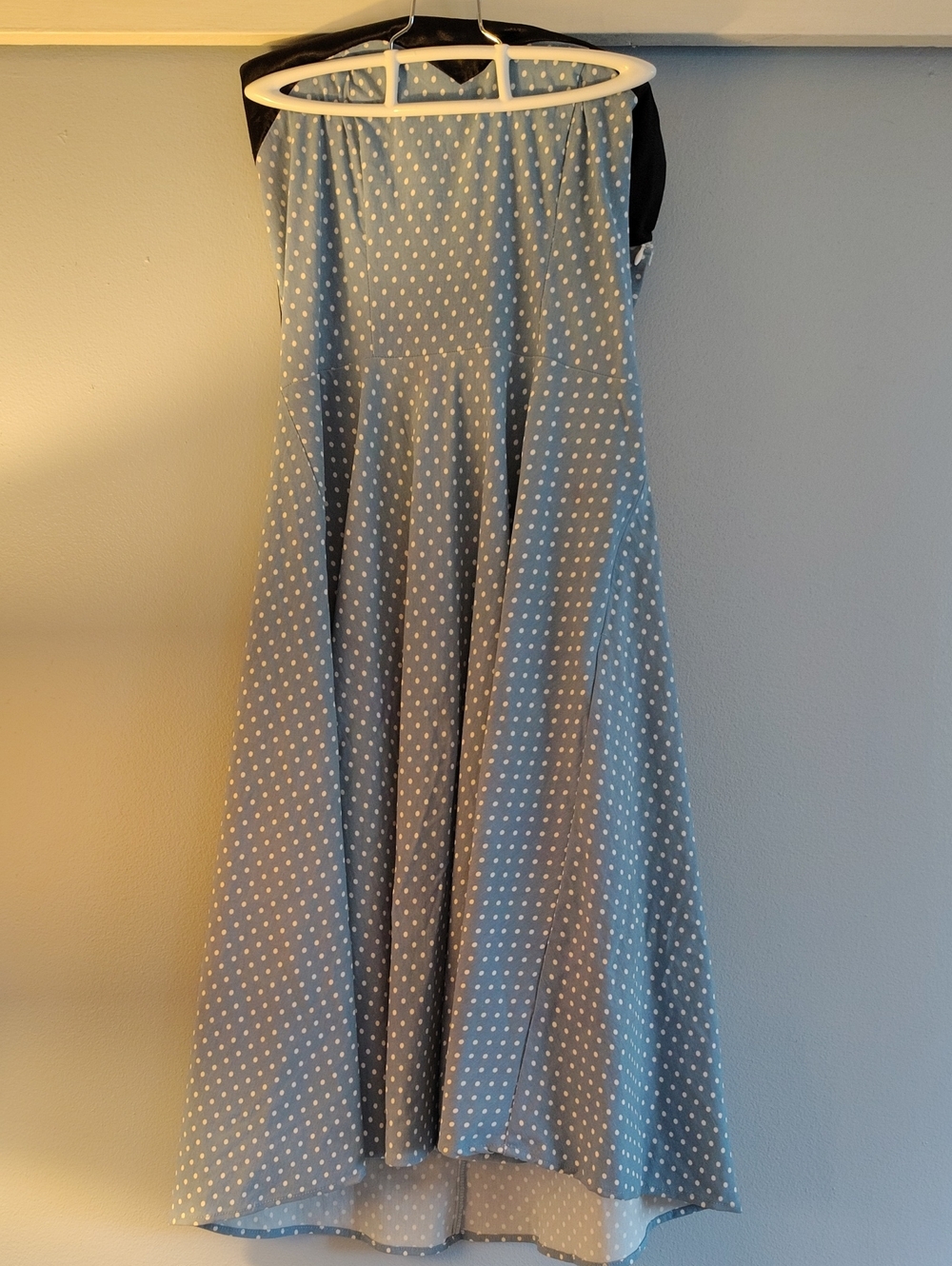 Polka Dot Strapless Midi Dress in Light Blue